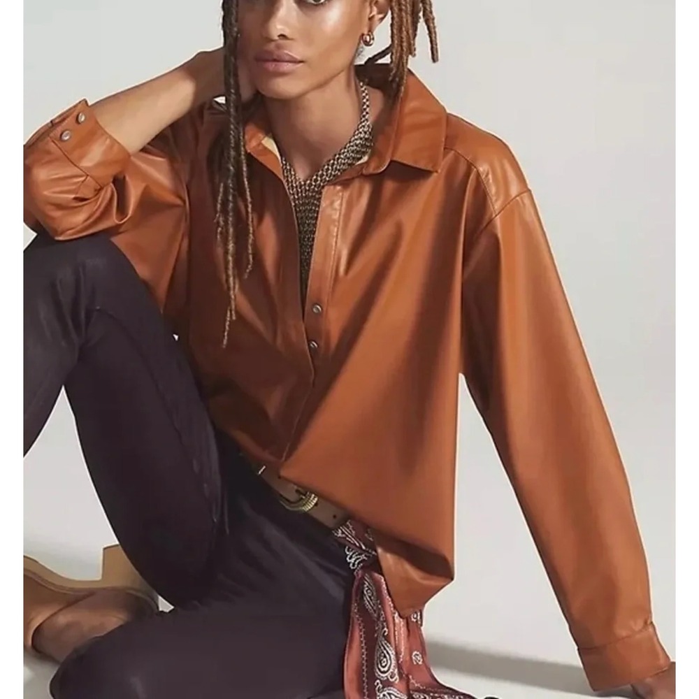 by Anthropologie Womens Faux Leather Shirt Size 1X Cedar Brown Classic Chic